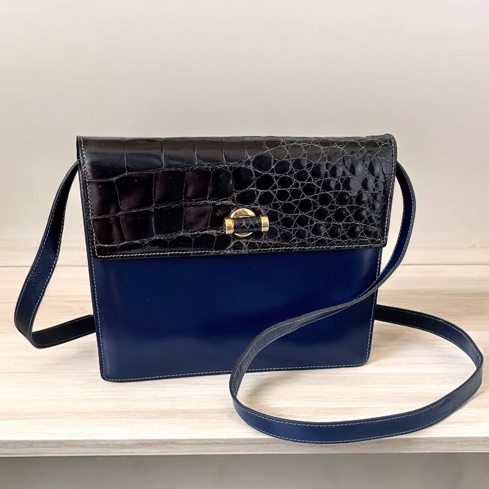 RARE 70s Gucci Vintage Blue Leather & Crocodile Crossbody Bag Amazing Condition - Picture 1 of 16